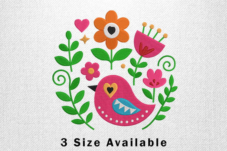 Pink Bird Floral Circle Three Size Embroidery Design