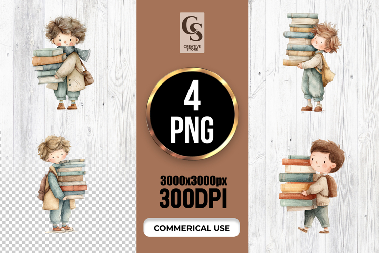 School Boy Carrying Books Watercolor Clipart Sublimation PNG