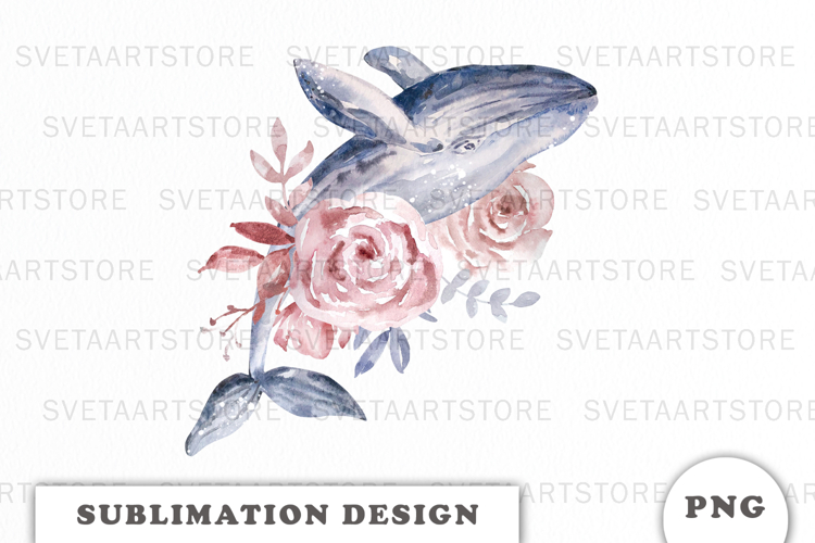 Watercolor Whale with Flowers png