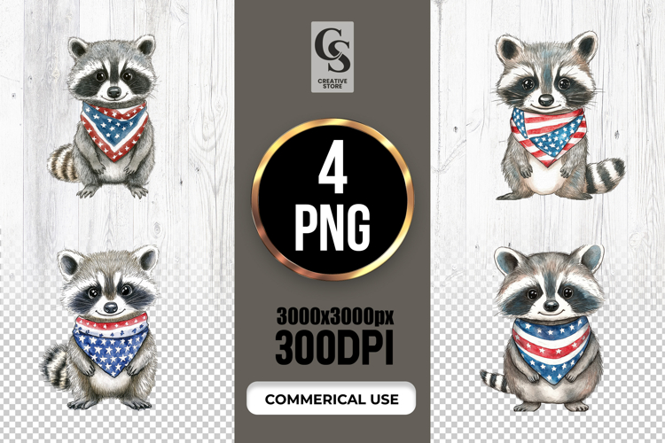 Cute Patriotic Raccoon Watercolor Clipart PNG