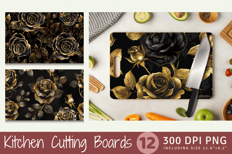 Black and Gold Roses Cutting Boards sublimation Design
