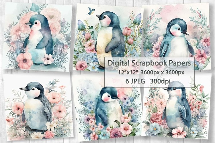 Watercolor Penguin Scrapbooking Paper Penguin Backgrounds