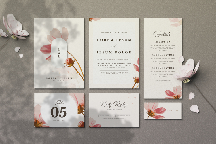 minimalist wedding card invitation with floral watercolor