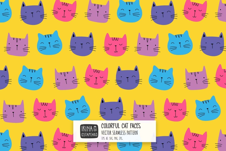Colorful Cat Faces Seamless Pattern