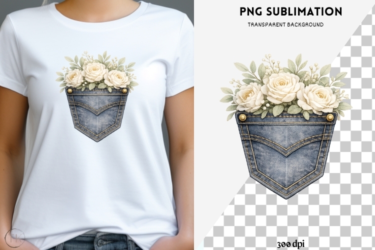 Denim pocket flowers png design for T-shirts