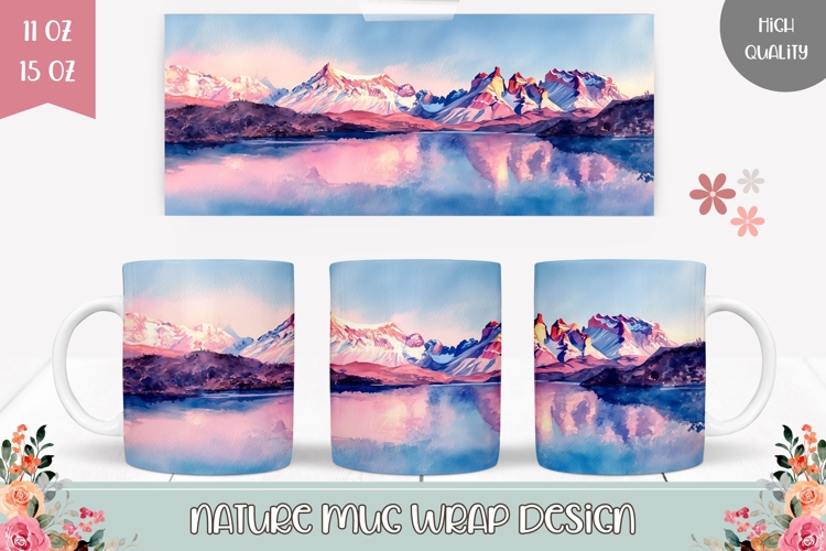 Sunset Mountains Mug Design, Lake Mug Wrap Design