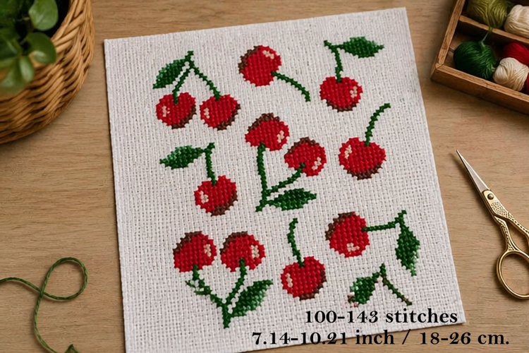 Cross stitch cherries set pattern with leaves, PDF embroider