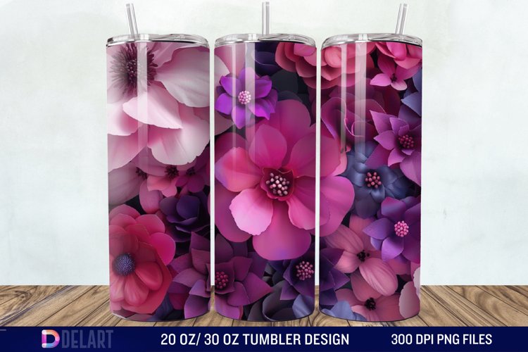 3D Fuchsia and Violet Flowers Tumbler Wrap example image 1