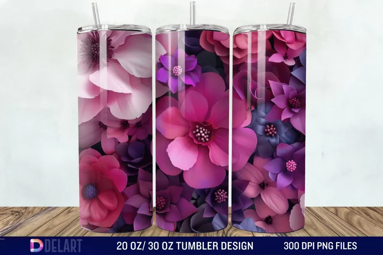3D Fuchsia and Violet Flowers Tumbler Wrap