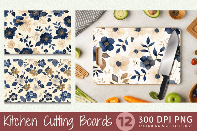 Navy and Beige Flowers Cutting Boards sublimation Design