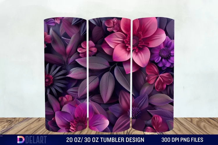 3D Fuchsia and Violet Flowers Tumbler Wrap