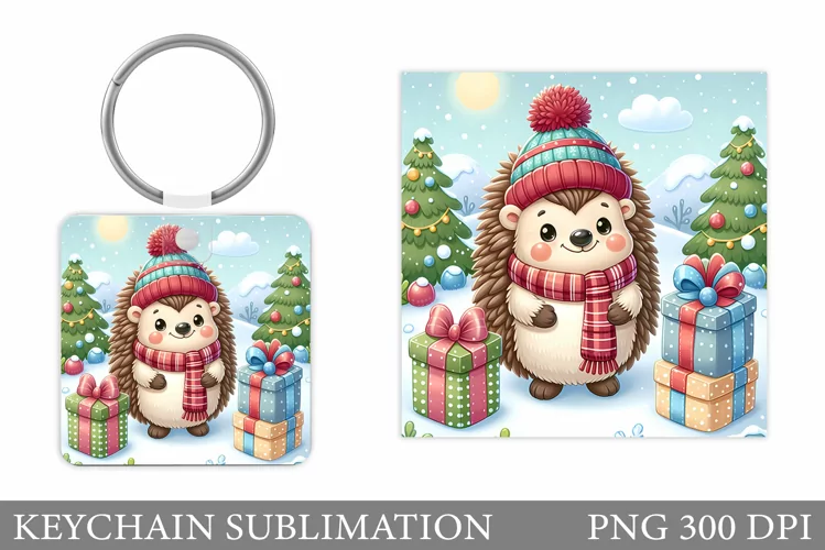 Christmas Hedgehog Keychain. Christmas Keychain Sublimation