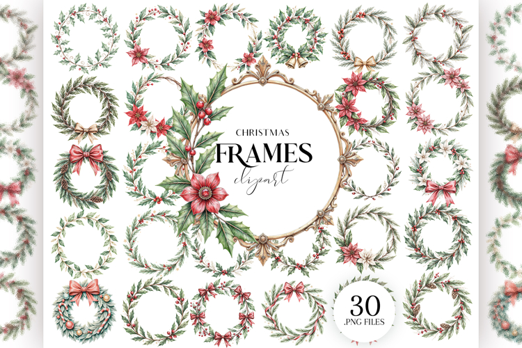 Vintage Christmas Frames Clipart Bundle | 30 PNG Borders
