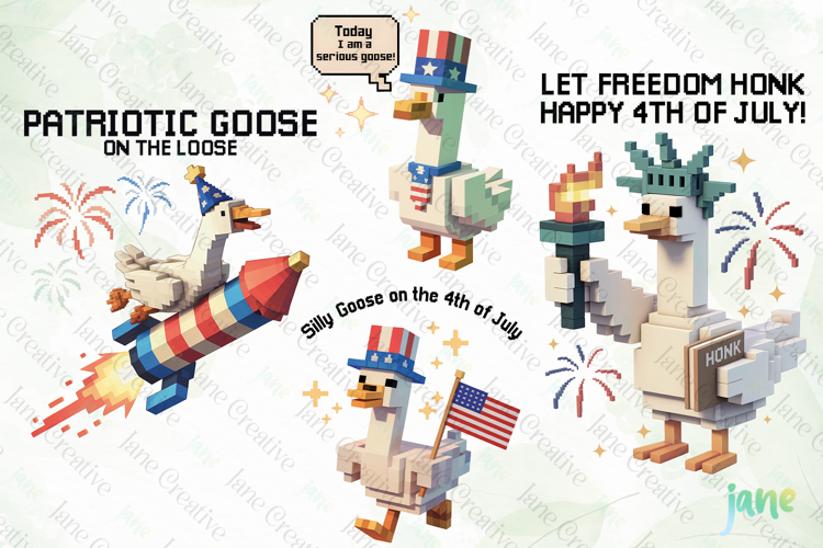 Blocky-Style 4th of July Goose PNG