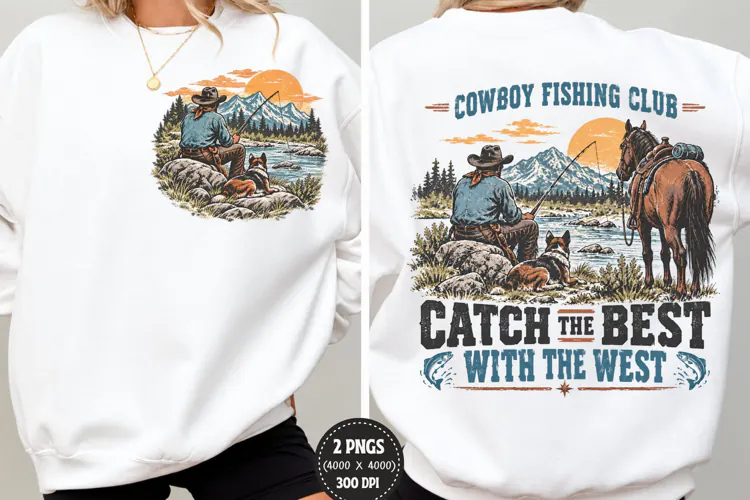 Cowboy Fishing Front Back PNG, Western Fishing Chest Back De