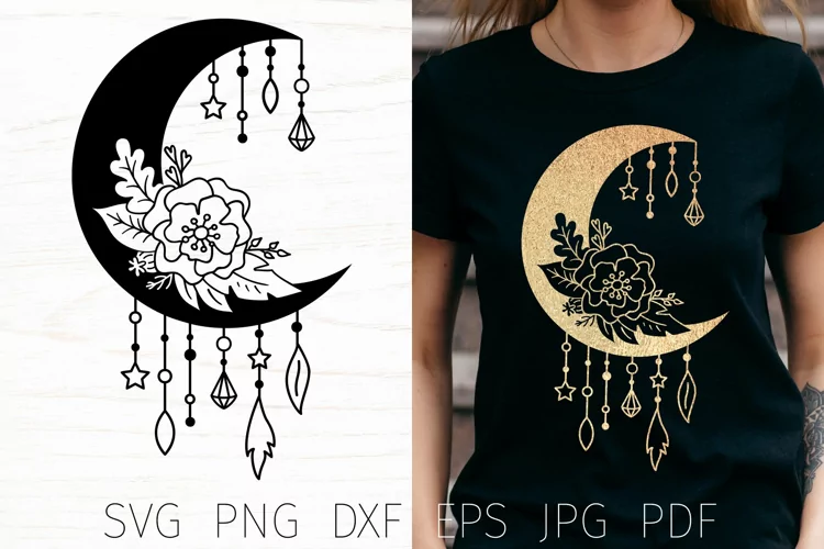 Floral Moon SVG, Dream Catcher SVG, boho moon, Flowers svg