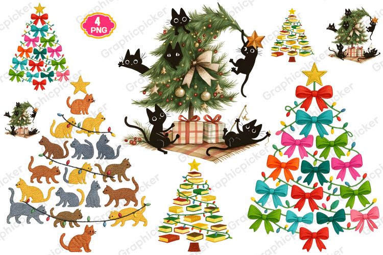 Christmas tree PNG, Meowy Christmas PNG, Bow Christmas tree