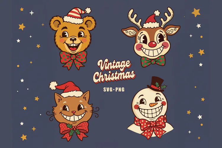 Vintage Christmas SVG PNG, Retro Cartoon Animals Clipart