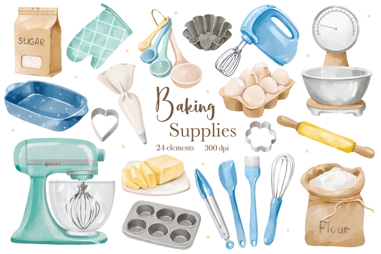 Watercolor Baking Supplies Clipart Set, Kitchen Utensils PNG