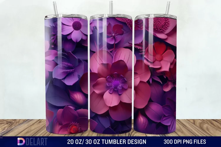 3D Fuchsia and Violet Flowers Tumbler Wrap