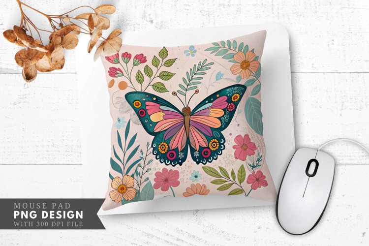 Butterfly Floral Decorative Pillow Mouse Pad PNG Design example image 1