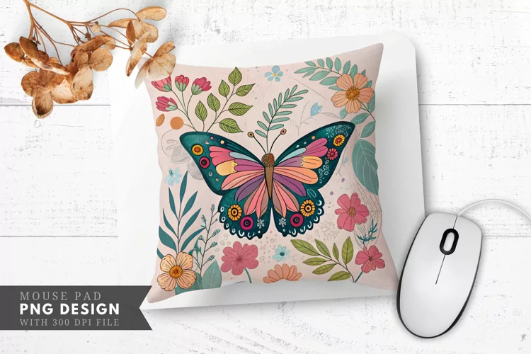 Butterfly Floral Decorative Pillow Mouse Pad PNG Design
