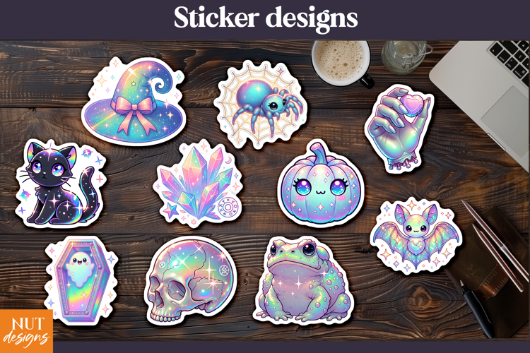 Iridescent Holographic Cute Witchy Halloween stickers