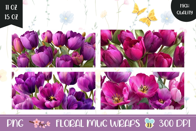 Purple Tulips Mug Wrap Designs, Floral Mug Template