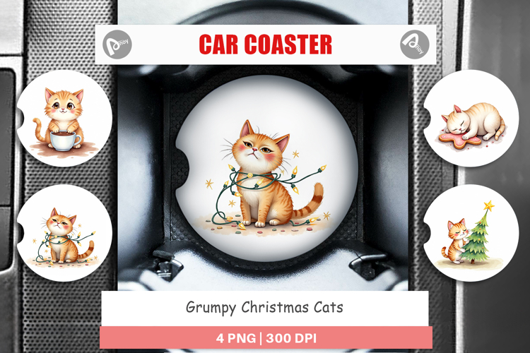 Car Coaster Watercolor Grumpy Christmas Cats
