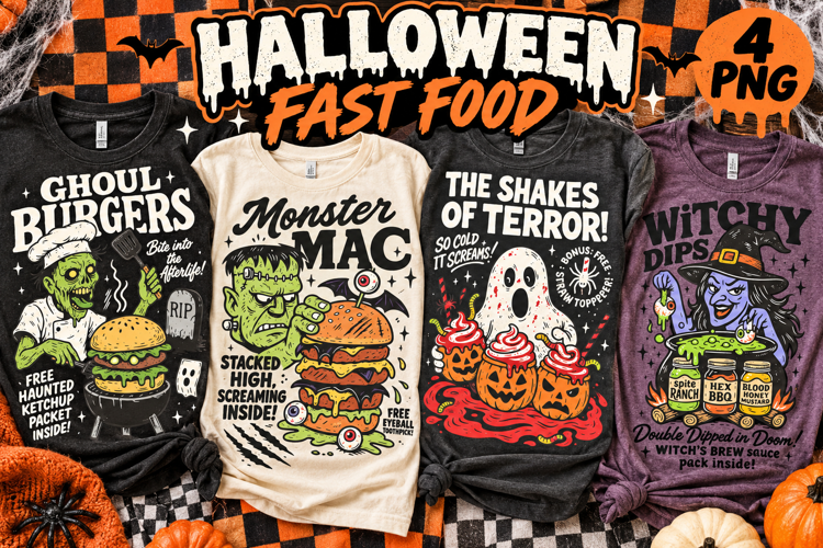 Halloween Fast Food PNG, Retro Monster Snacks & Burgers