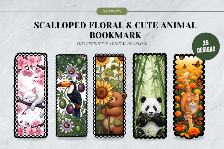 Scalloped Floral   Cute Animal Bookmark Set,Botanical Book