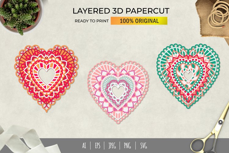 3D Papercut Intricate Heart Mandala Layered Papercut Set