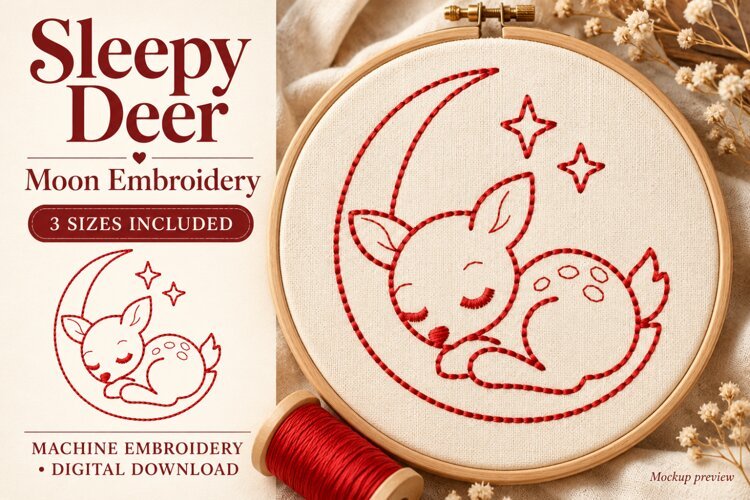Sleepy Deer Moon Embroidery Design example image 1