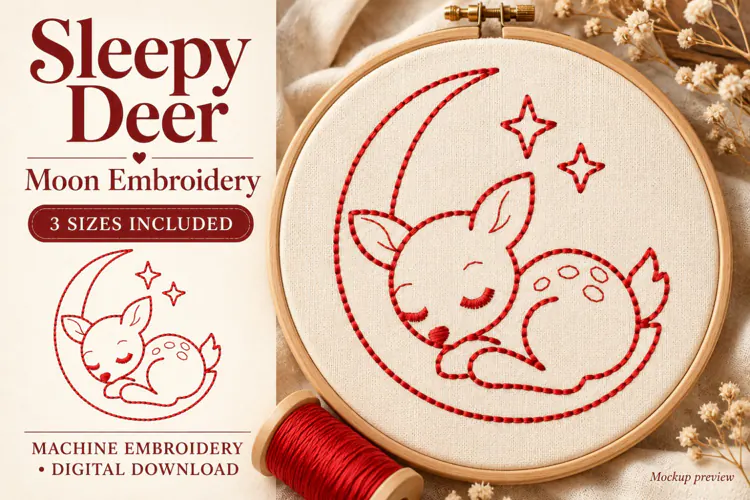 Sleepy Deer Moon Embroidery Design