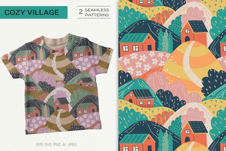 Cozy Village Landscape Seamless Pattern
