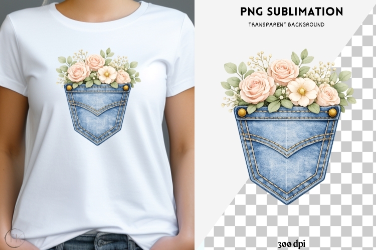 Denim pocket flowers png design for T-shirts