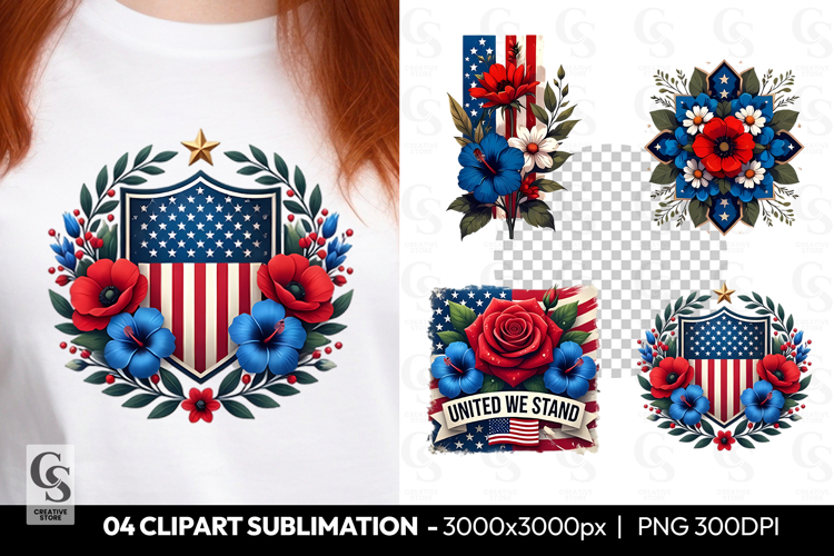 Patriotic Floral Shield Sublimation Clipart PNG