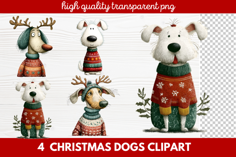 4 Christmas Dogs Clipart | Cute Holiday Puppy PNG Illustrati