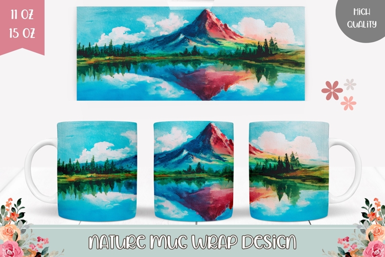 Watercolor Lake Mug Wrap Design, Mountain Mug Template