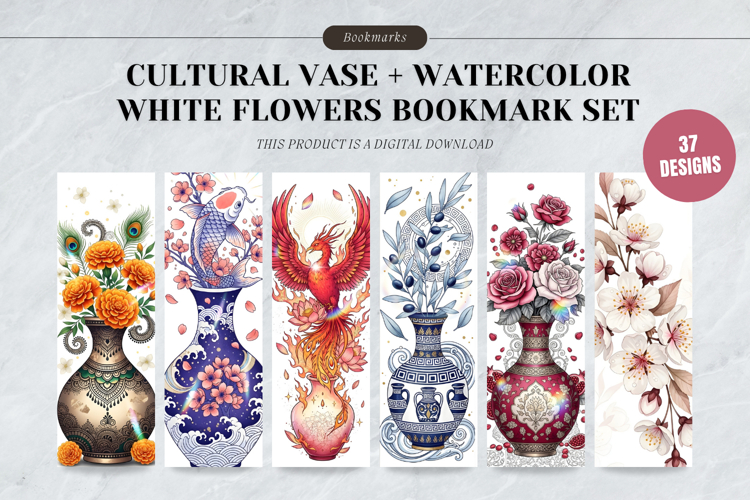 Cultural Vase & Watercolor White Flowers Bookmark Set