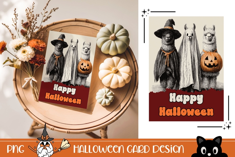 Cartoon Halloween Greeting Card PNG, Halloween Lama Wall Art