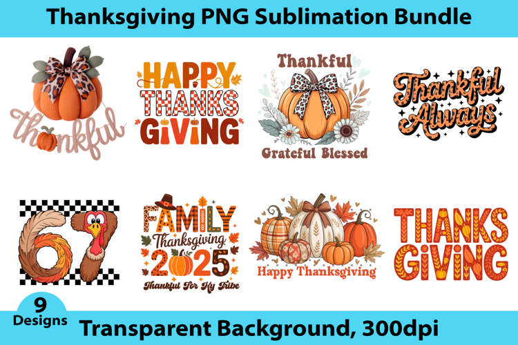 Thanksgiving PNG Sublimation Bundle, 9 designs