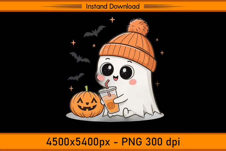 Cute Ghost with Pumpkin and Autumn Drink PNG