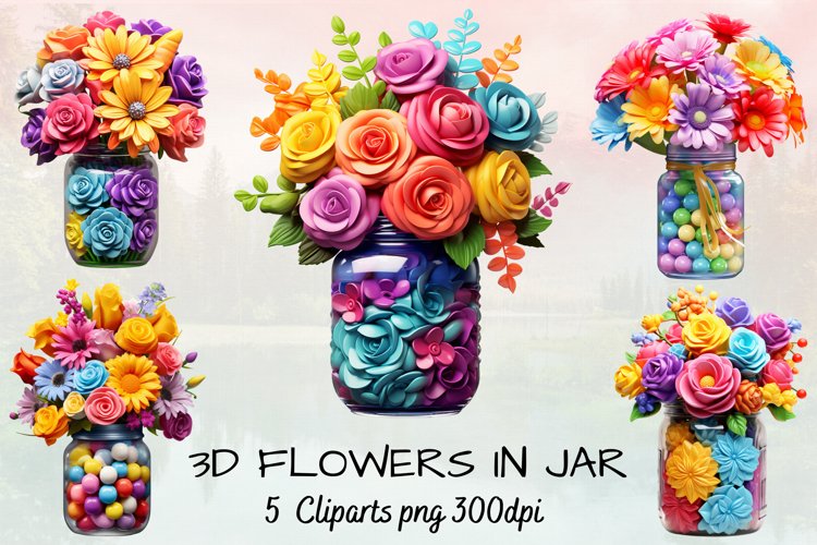 3d Flowers in Jar sublimation Clipart Bundle, 3D example image 1
