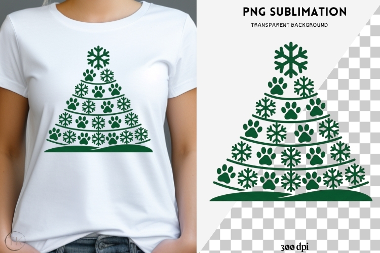 Paw print Christmas tree png design for T-shirts