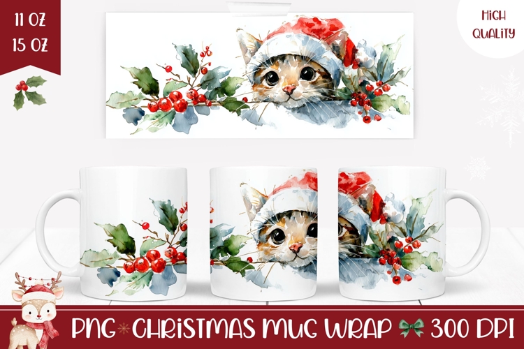 Watercolor Christmas Cat Mug, Christmas Animals Mug Design