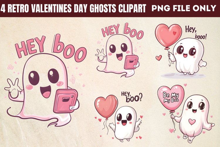 Retro Valentines Day Ghosts Clipart PNG