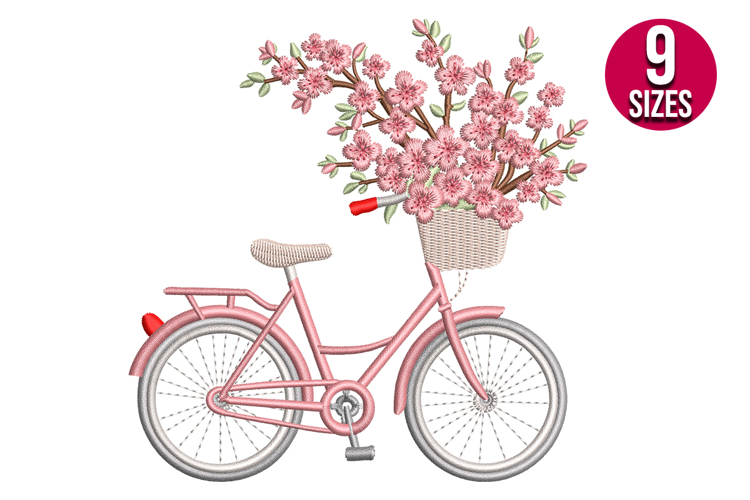 Cherry Flowers Bike, Floral Bicycle machine embroidery