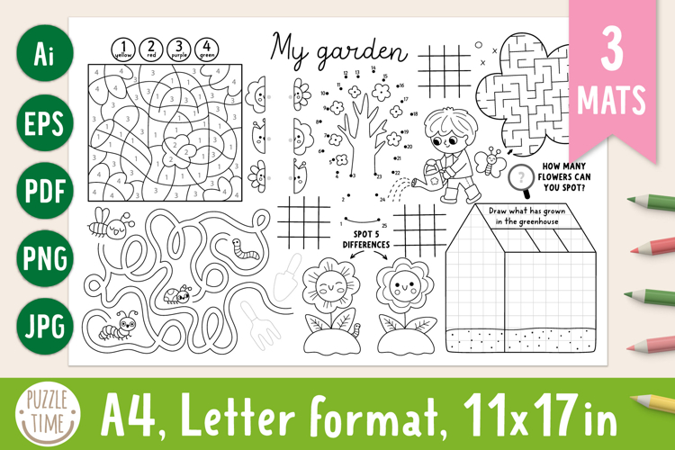 Garden coloring activity play mats. Gardening placemats example image 1