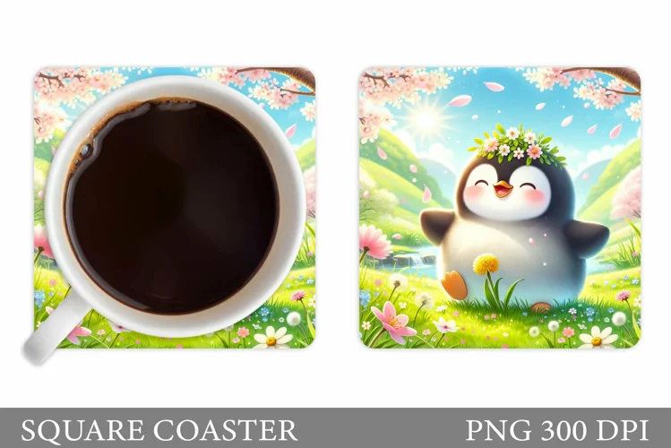 Cute Penguin Coaster Design. Flowers Coaster Sublimation